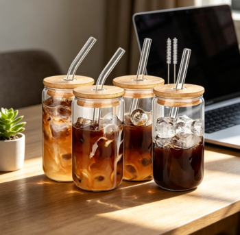 4-Pack 16oz Glass Cups w/ Lids & Straws - Iced Coffee Tumblers, Reusable Gift Set