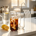 4-Piece 16oz Highball Glasses w/ Glass Straws & 2 Brushes - For Beer, Iced Coffee, Whiskey, Soda, Tea, Water - Gift