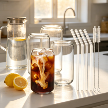 4-Piece 16oz Highball Glasses w/ Glass Straws & 2 Brushes - For Beer, Iced Coffee, Whiskey, Soda, Tea, Water - Gift